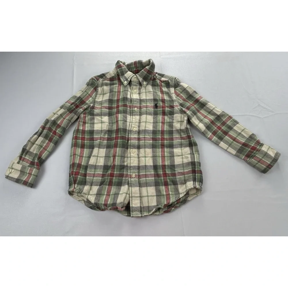 Ralph Lauren Boys Sz 5 Plaid Flannel Shirt Green Red Cotton Button Down Holiday